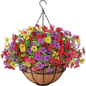 Artificial Faux Hanging Plants Flowers Basket for Spring Summer Outdoor Decoration, Fake Silk Daisy in Planter Realistic UV Resistant Look Real for Porch Home Patio Balcony Yard(Multicolor)