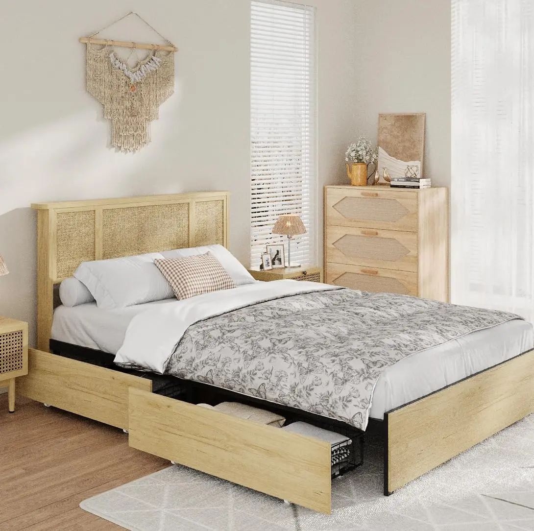 Boho Full-Size Sturdy Platform Bed with Handwoven Cane Headboard, 4 Storage Drawers, Slat Support, Strong Metal Base, Tool-Free DIY Assembly, 1000lbs Capacity, No Box Spring Needed - Furniture for Bedroom, Bed Frame Storage Solutions