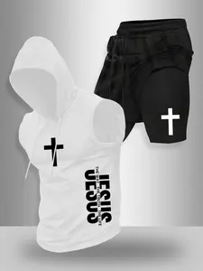 Faith Cross Sports Set with Hooded Vest and Faux Layered Shorts, Sportswear Set, Eye-Catching Street Style for Daily Outings and Gym Sessions, Inspiring Jesus Scripture Print, Gym Workout Clothes, Lightweight Athletic Outfits