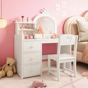 Kids Vanity Set With Mirror And Lights LED 3-Color Touch Screen Vanity Table And Chair Set For Little Girls Princess Dress Up Play Desk With 3 Drawers Storage Shelves Children Makeup Vanity Table For Bedroom Playroom Pink White CPC
