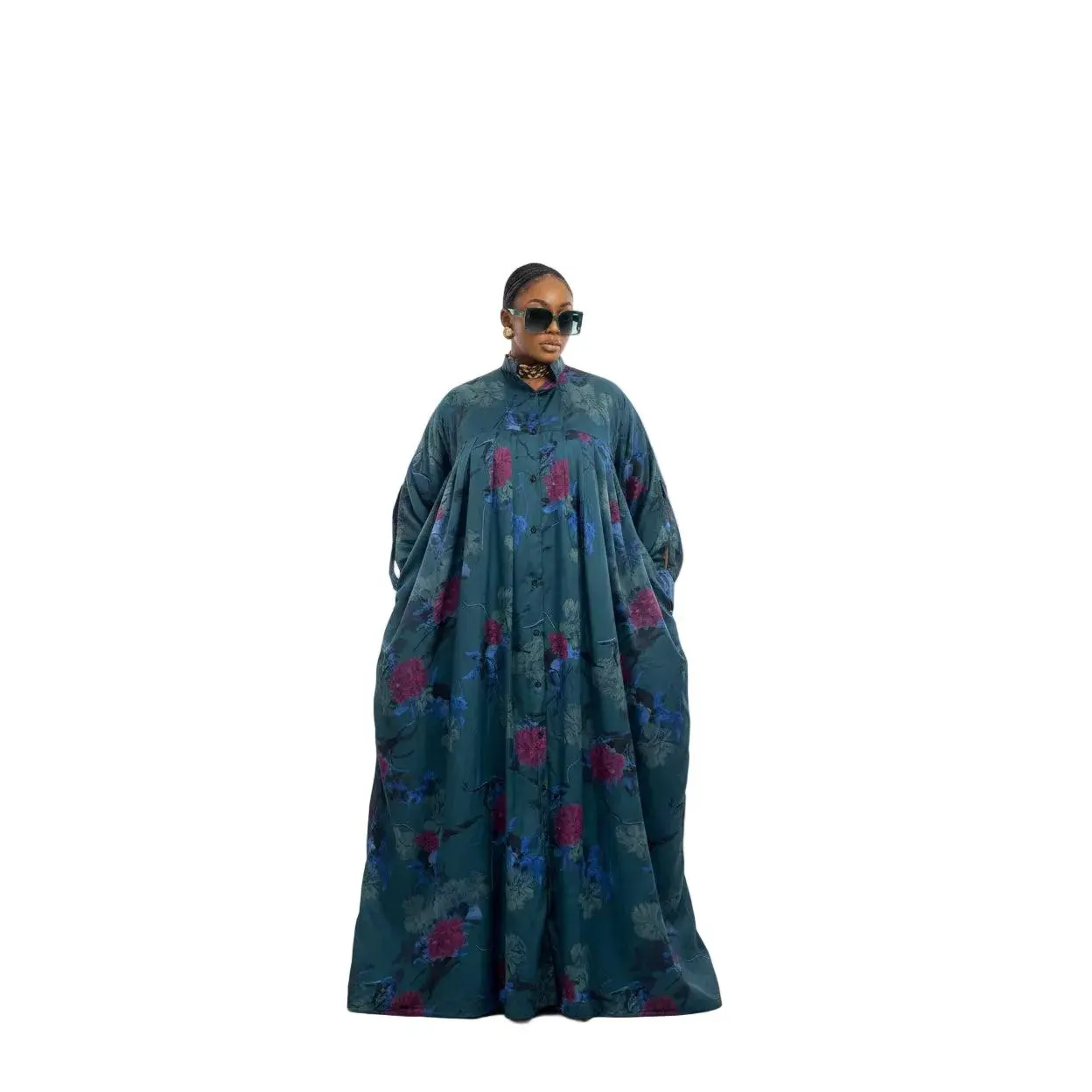 SELENE Luxury Floral Print Satin Finish Button Front Boubou Kaftan Maxi Dress With Dramatic Split Sleeves