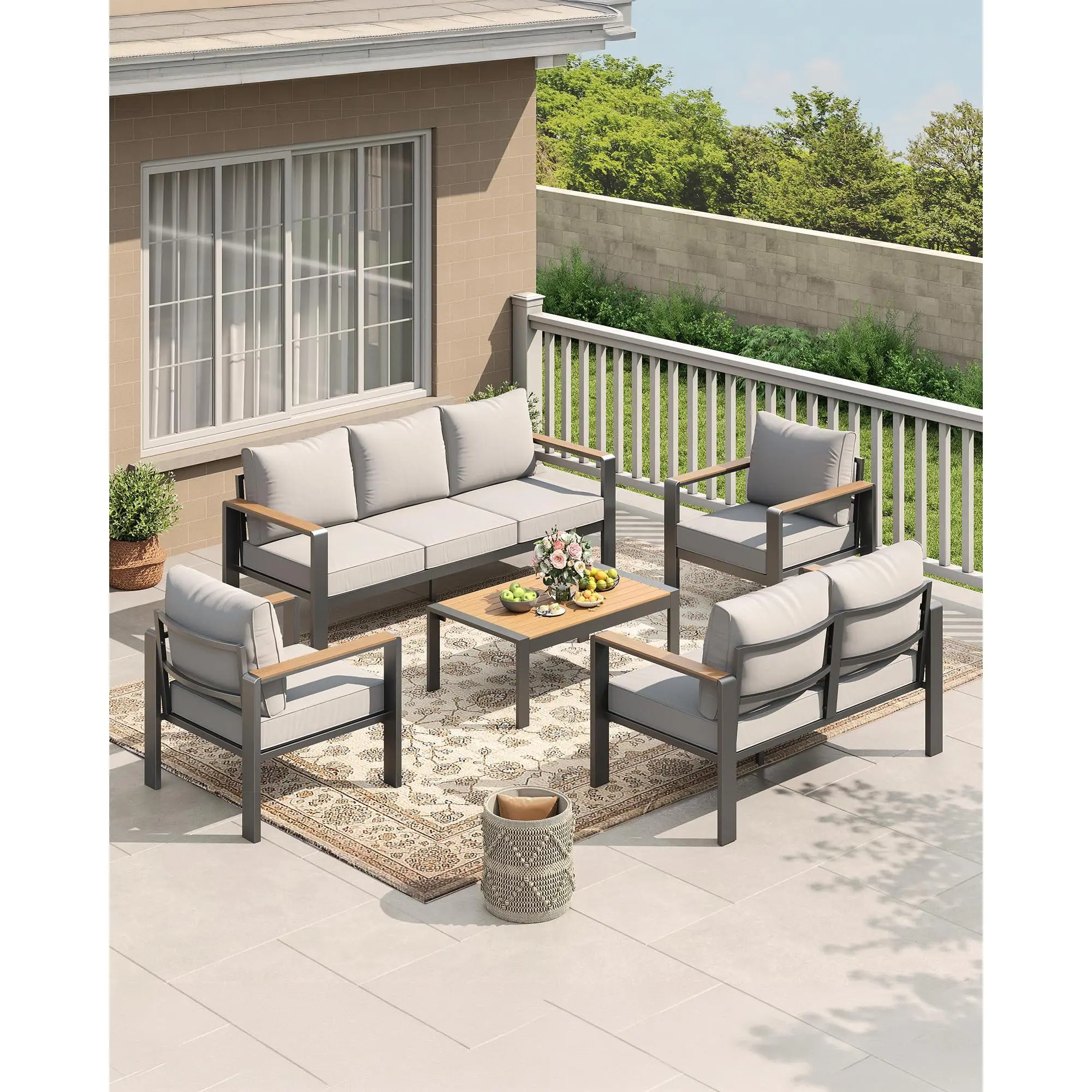 Aluminum Outdoor Patio Furniture Set, 5-Piece Sectional Conversation Set with Thick Washable Cushions & Coffee Table, Modern Outdoor Seating for Porch, Balcony, Deck & Yard