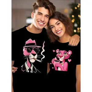 Pink Panther Couple T-Shirts - Premium 220gsm 100% Cotton Unisex Short Sleeve Round Neck Tees with Playful Pink Panther & Hearts Graphic Print, Machine Washable Casual Matching Shirts for Couples, Parents, Family, Couple Matching Tees, Cartoon Graphic Tee