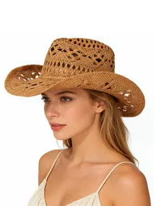 Western Cowboy Style Hollow Out Straw Hat, Wide Brim Sun Protection, Face-Slimming, Beach Vacation Photo Essential, Casual Outdoor Hat