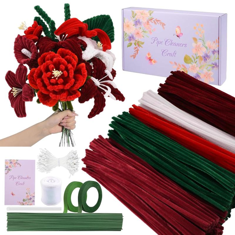 400 count Pipe Cleaners Craft Set, 4 Assorted  Pipe Cleaners Bulk, Chenille Stems for DIY Flower Making Kit with Floral Stems, Gardening Tape, Stamen, Ribbon for DIY Bouquet  ()