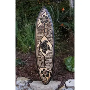 Sea Turtle and Hibiscus Tribal Surfboard Wood Carving Wall Plaque 39"x 10"