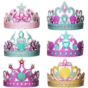 12 Pcs Paper Mermaid Party Favor Hats Mermaid Birthday Party Crowns Headbands for Girls Under the Sea Ocean Decorations Favor Supplies, 6 styles