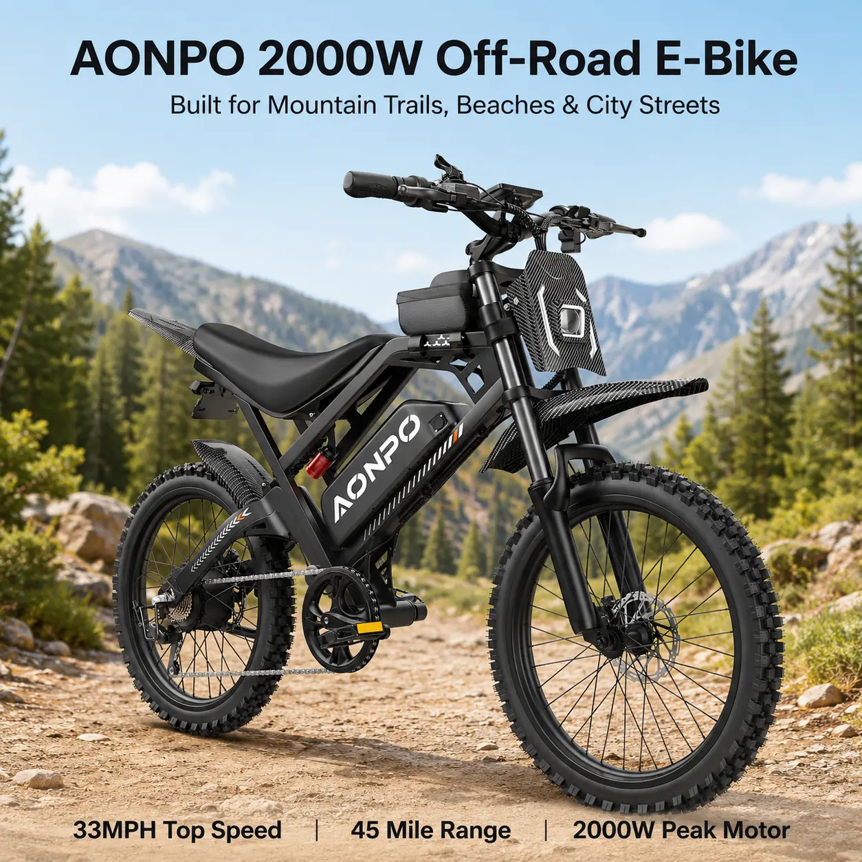 AONPO Adult Off-Road E-Bike, 2000W Peak Power, 52V 22.5A Removable Battery (Up To 45 mi), 33MPH Max Speed, Dual Hydraulic Brakes & Suspension, All-Terrain Fat Tire, IPX5 Waterproof for Mountain & City Commute
