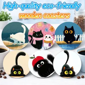 🐱👔 Father‘s Day 6PCS Cute Cat Wood Coasters - Non-Slip Heat Resistant Drink Mats for Home Coffee Table - Whimsical Cat Dad Gift for Yorkshire Terrier Lover