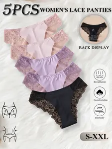 5 Pack Womens Sexy Lace Low Waist Triangle Panties Soft Stylish Brief – Hollow Out Boho Preppy Style Everyday Wear All Season Valentine Gift Colorful Set Lacy Panties Stretchy Panty