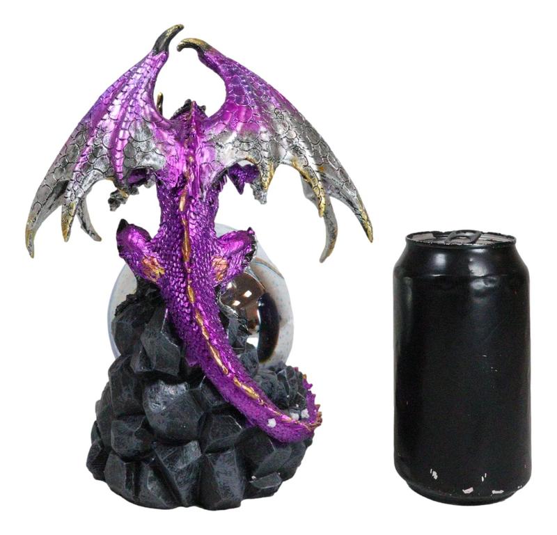 Purple Silver Gold Wyvern Dragon On Rocky Cliff With LED Optic Ball Figurine