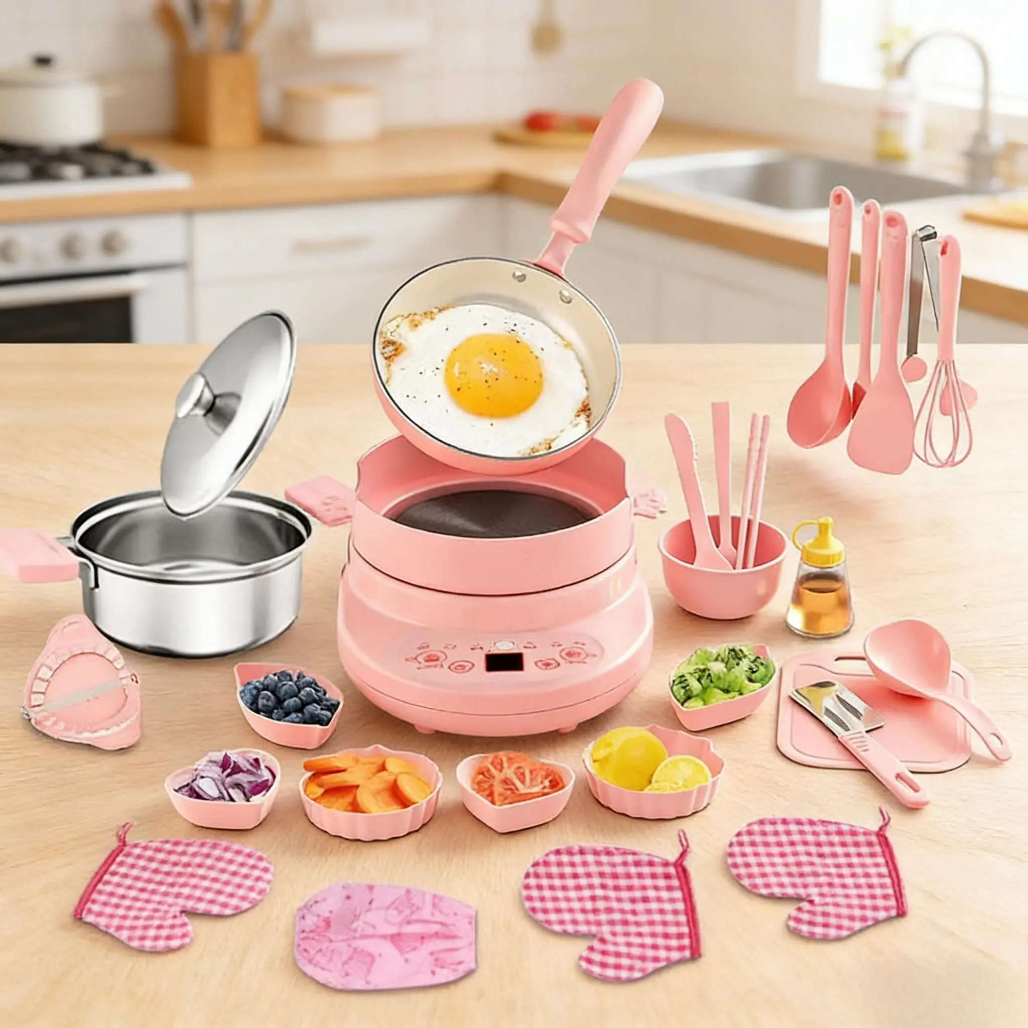 Real Mini Kitchen Cooking Set for Kids 8-12 Montessori Chef Kit with Safe Knives Complete Tableware Flameless Induction Cooker Safe Real Cooking Toy Gift for Little Chefs
