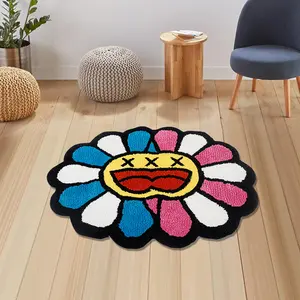 Smiling Face & Sunflower Pattern, 1 Count Non-slip Washable Floor Mat, Decorative Carpet for Home Living Room Bedroom Bathroom, Floral Shaped Rug, Household Decorative Rug, Home Decor Rugs