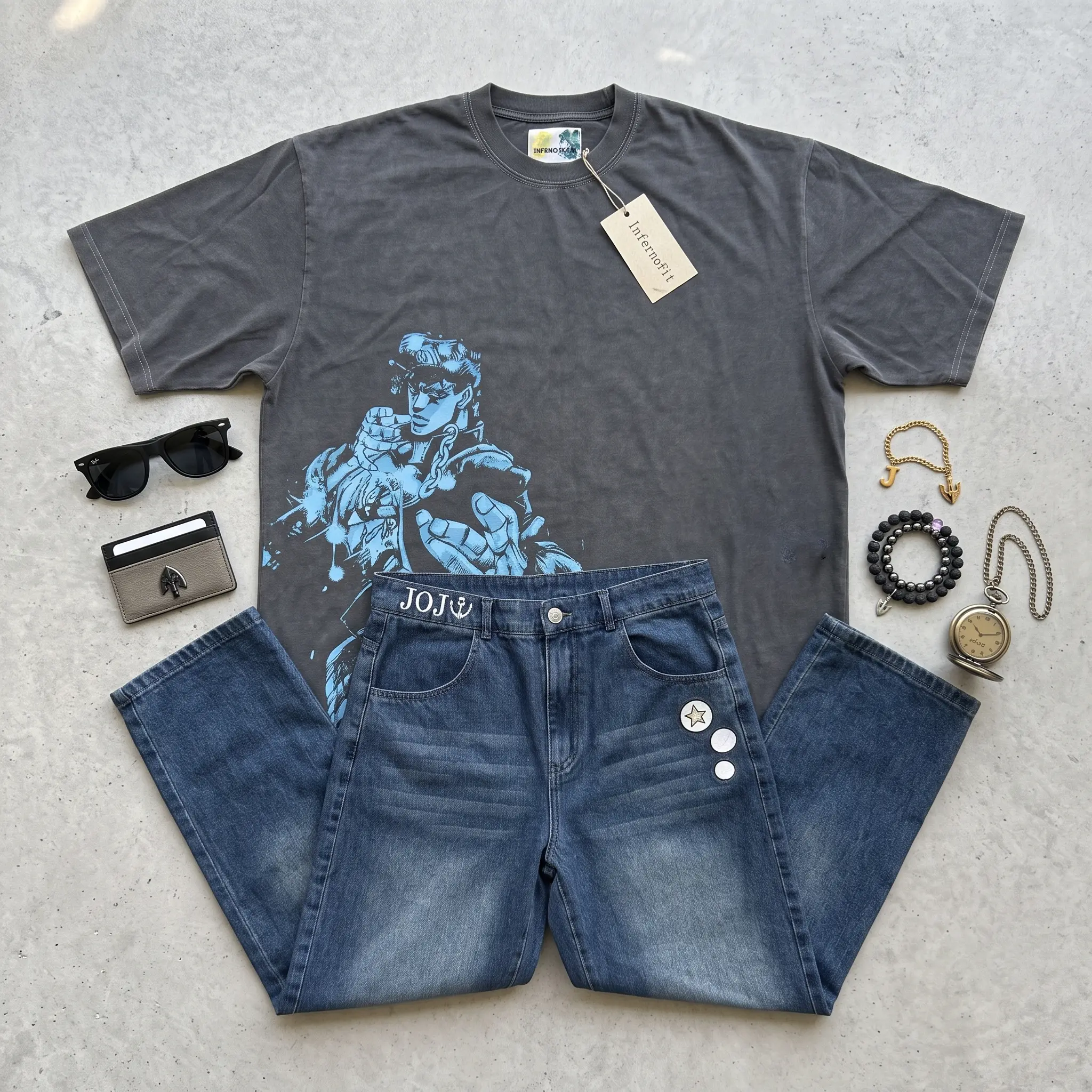 Men's JoJo Anime 2-Piece Clothing Set - Jotaro Kujo Short-Sleeved Tee, Soft & Wet Jeans, Unisex, Comfortable, Great Gift for Anime Fans