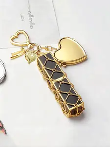 Metal Lipstick Holder Bag Charm, Reusable Stainless Steel Mesh Pouch, Heart and Star Decorative Keychain, Mini Mirror, Fashionable Hanging Decoration, Fashionable Alloy Keychain