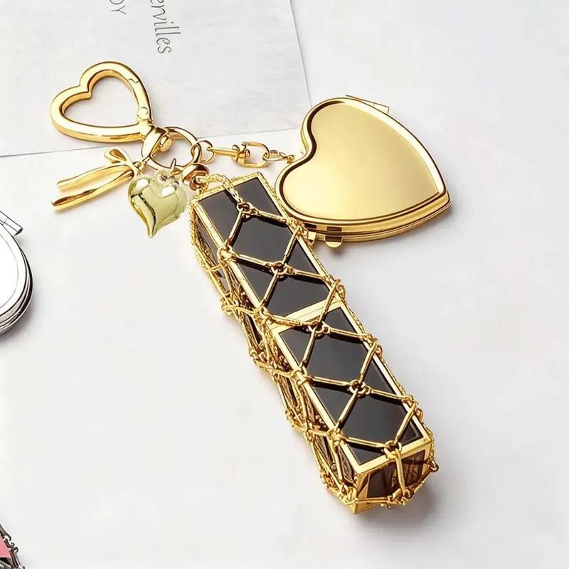 Metal Lipstick Holder Bag Charm, Reusable Stainless Steel Mesh Pouch, Heart and Star Decorative Keychain, Mini Mirror, Fashionable Hanging Decoration, Fashionable Alloy Keychain, Aesthetic Keychain, Heart Design Keychain, Heart Keychains