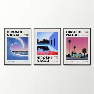 Hiroshi Nagai Prints 3 Piece City Pop Wall Art Matted 90s Vintage Illustrations Japan Manga Colorful Wall Art Vaporwave Room Decoration, Unframed