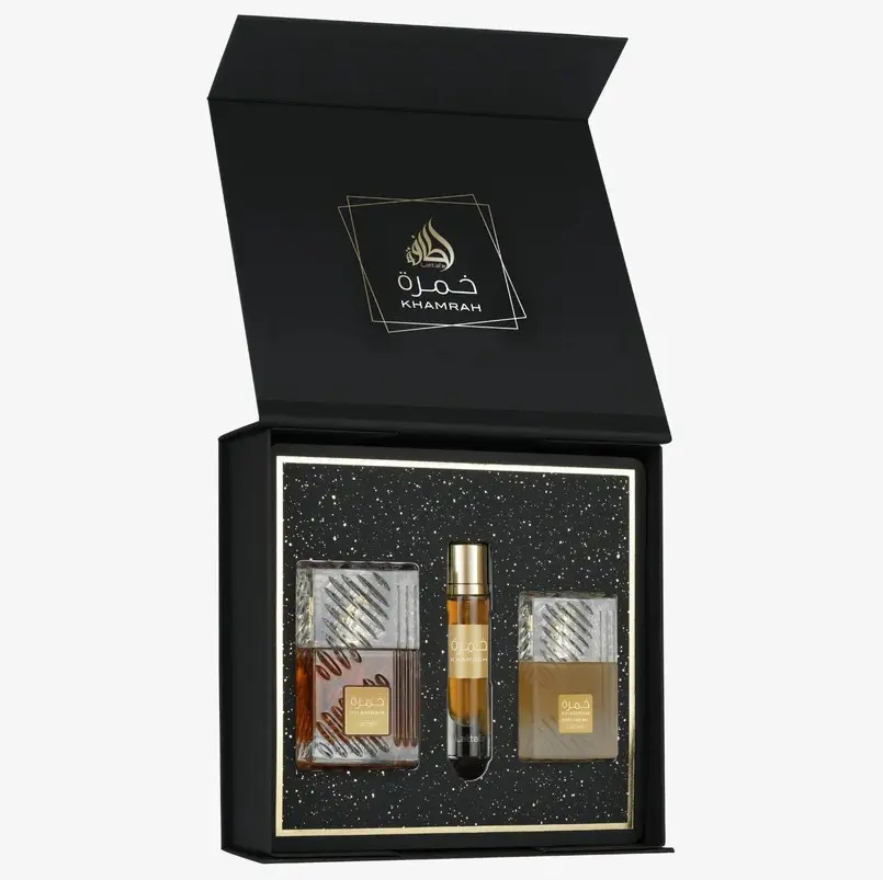 Lattafa Khamrah Unisex Fragrance Discovery Set - 3-Piece Packaged Bundle with 100ml EDP Perfume Spray, 12ml Travel Spray, 50ml Fresh Hair Mist, Punchy Spicy Woody Scented Notes (Cinnamon, Nutmeg, Bergamot, Dates, Praline, Vanilla, Tonka Bean, Amberwood)