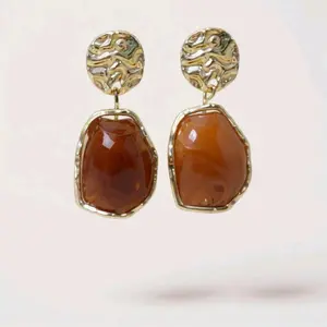 Brown Pendant Earrings - Simple Design with Brown Color and Pendant Feature - Gold-Tone Frame & Brown Stone Jewelry