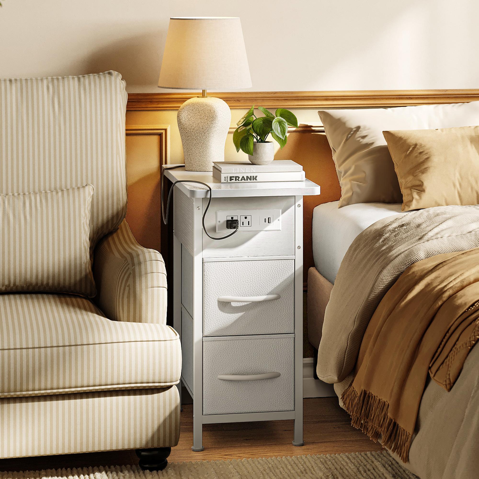 Huuger Narrow End Table with Charging Station, Flip Top Side Table with 2 Fabric Drawers, Slim Night Stand with USB-C Port for Small Spaces, Nightstand Bedside Couch Table, Living Room Huuger Narrow End Table with Charging Station, Flip Top Side Table with 2 Fabric Drawers, Slim Night Stand with USB-C Port for Small Spaces, Nightstand Bedside Couch Table, Living Room
