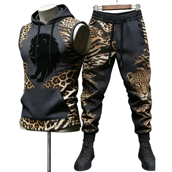 [New] Men's fashion casual suit, including a sleeveless hoodie and a pair of jogging pants with a black lion pattern and leopard print, is perfect for trendy street style and sportswear. summer wear fitness outfit