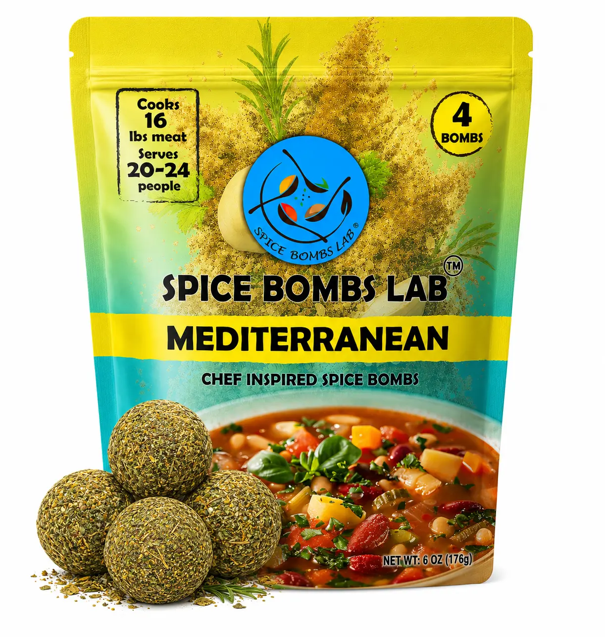 Spice Bombs Lab Mediterranean Seasoning 4 Pack - Versatile Chef-Made Blend - Full of Flavor, Easy to Use, Mess-Free - Perfect for Soups, Stews, & Grilled Meats