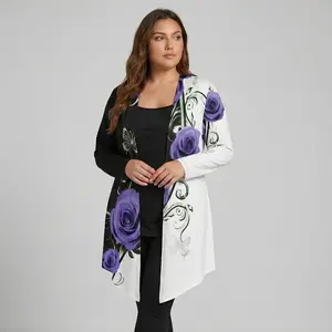 【3-Piece Plus Size Outfit】Plus Size Purple Rose Print Open-Front Cardigan for Women