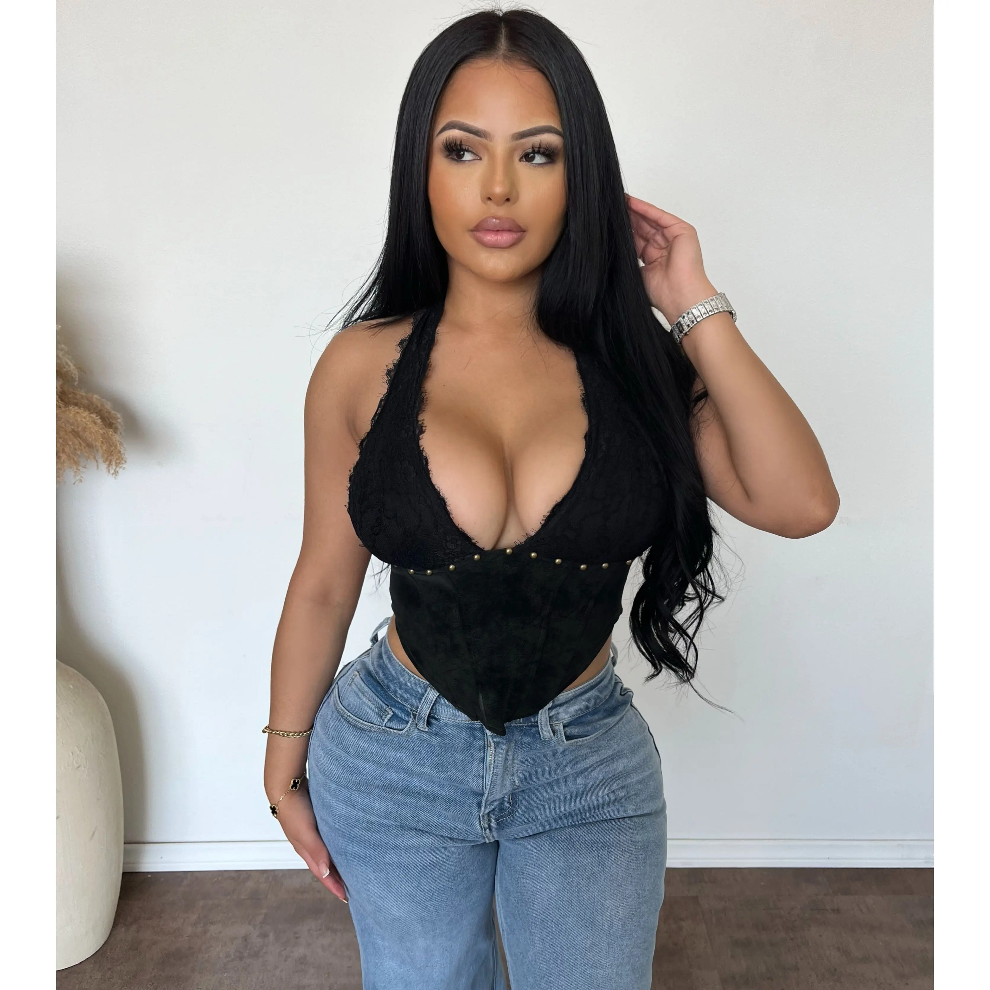 Tarisa Halter Lace Suede Top (Black)