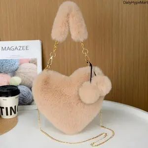 Adjustable Furry Heart-Shaped Crossbody Bag, Cute Faux Fur Y2K Mini Purse