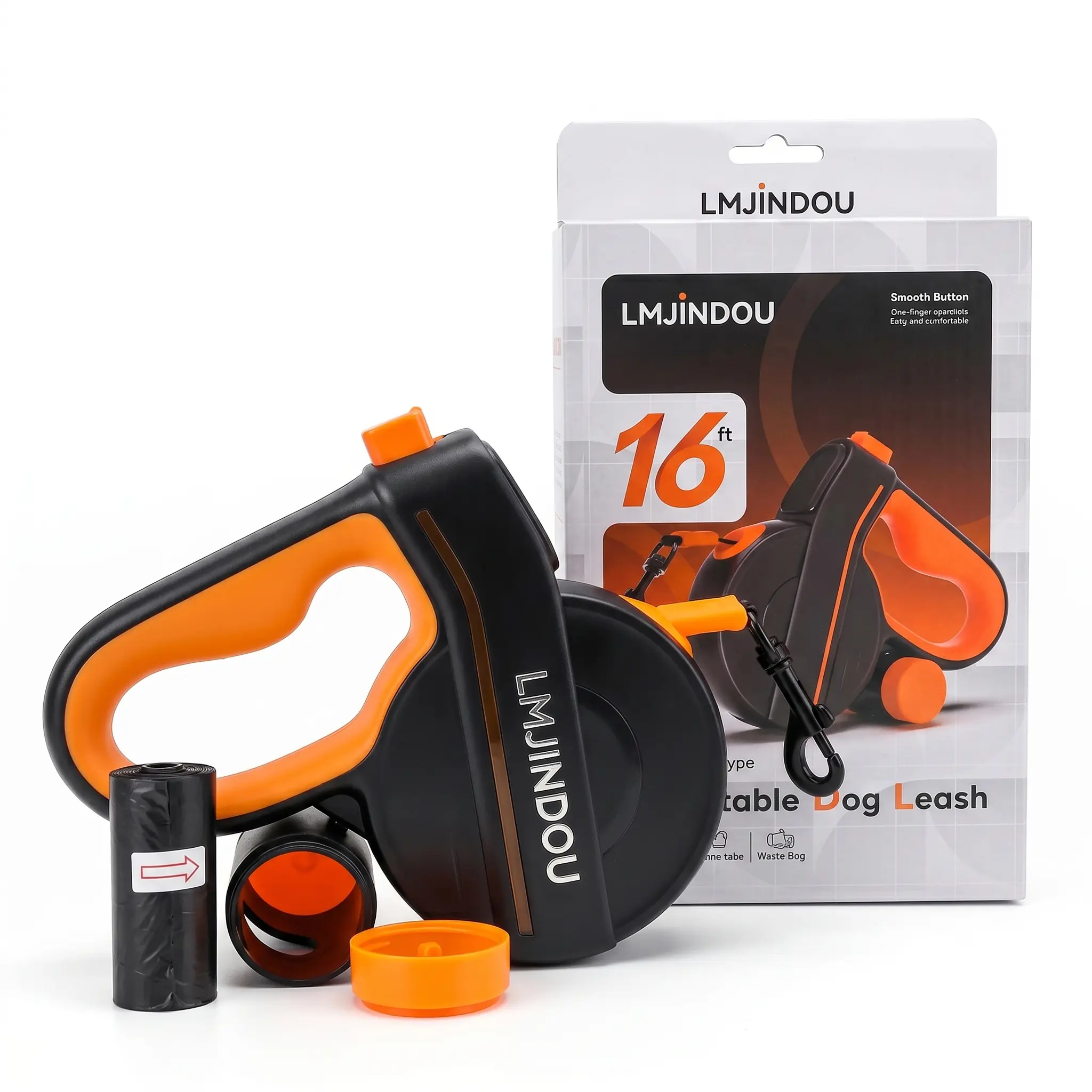 LMJINDOU Heavy Duty Retractable Dog Leash (16ft/5m) - Tangle-Free, Poop Bag Dispenser with Free Bags Included, Reflective Tape for Night Visibility, 1-Hand Lock Brake, Ergonomic Handle for Medium-Large Dogs, Retractable Leash