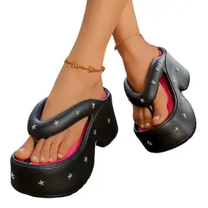 Trendy Y2K Star Platform Flip Flops with eye-catching star studs, leg-lengthening chunky sole, lightweight EVA material, wide soft strap and pink-black inner. Perfect for summer, beach, daily looks and street snaps. Elegant Comfortable Women's Sandals