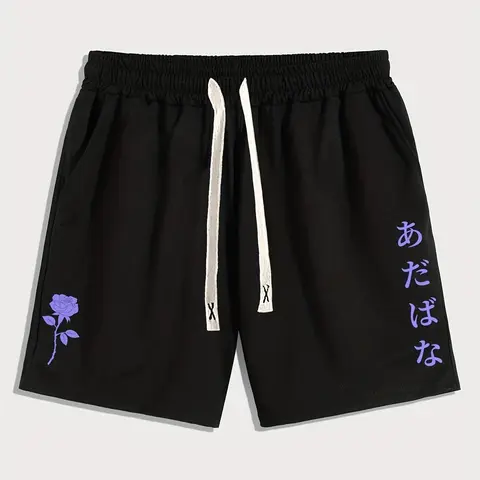 Men's Floral & Letter Print Drawstring Shorts for Summer, Regular Fit Casual Pocket Straight Leg Shorts, Men's Bottoms