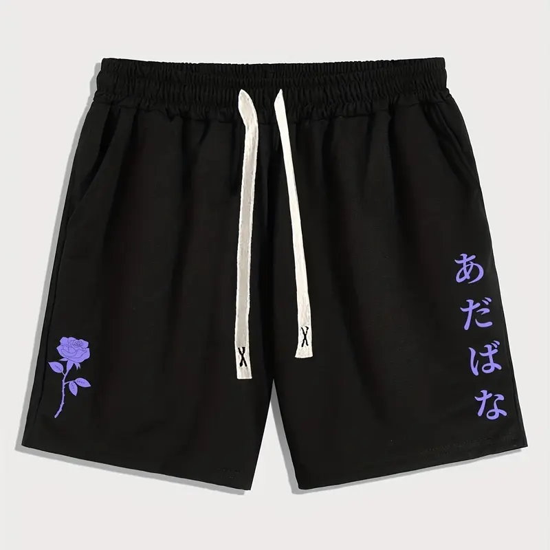 Men's Floral & Letter Print Drawstring Shorts, Regular Fit Casual Pocket Straight Leg Shorts, Men's Bottoms