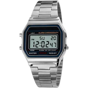 Men's Digital Watch Stainless Steel Band Water Resistant  Square LED  Light Wristwatch