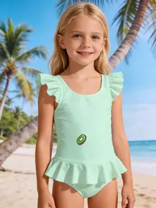 Fresh Kiwi Print Kids Swimwear, Girls Flutter Sleeve Ruffle, Summer Quick Dry Swimsuit for Toddlers