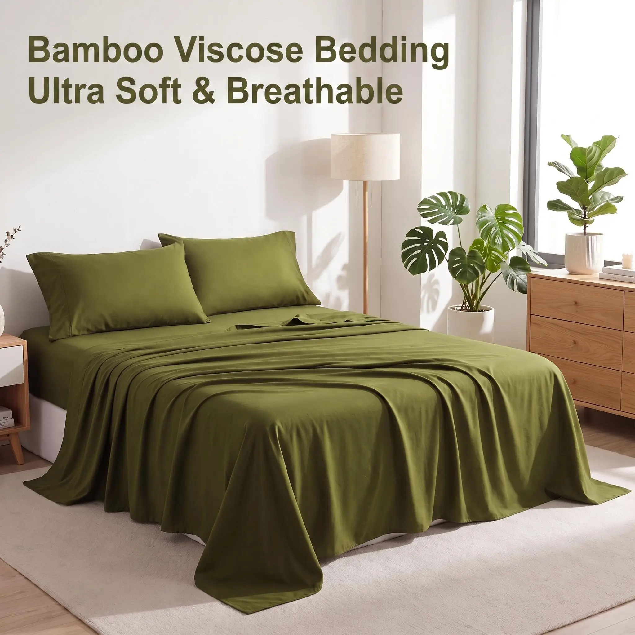 Bedsum Bamboo Sheets Set 3/4 Pcs - Soft Bedding Sets, Cooling Breathable Bedding Set | Hotel Luxury, Super Soft & Smooth, 15" Deep Pocket | Wrinkle/Fade Resistant, Skin Friendly, Bedroom Gift Idea