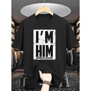 Men's "I'M HIM" Distressed Text Graphic T-Shirt Bold Box Print Crew Neck Short Sleeve Black Casual Streetwear TikTok Viral