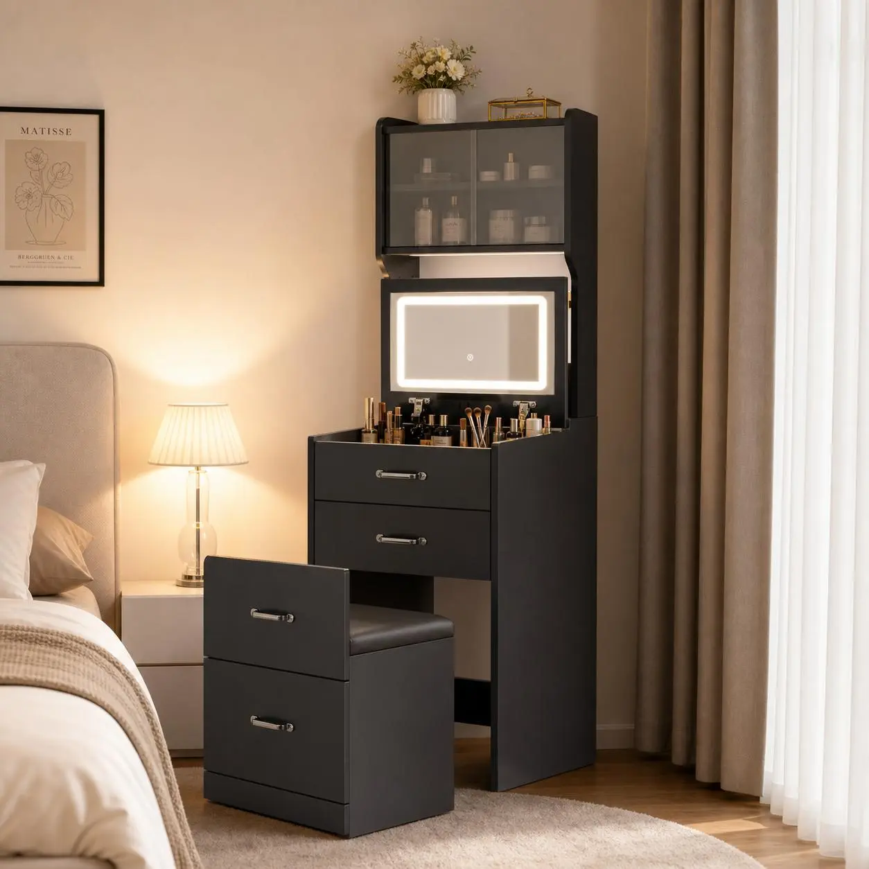 Garvee Compact 3-in-1 Space-Saving Corner Mirrored Dressing Table - LED Powered Vanity with Lights, Lighted Makeup Dresser Table, Hidden Chair, USB/AC Charging Station, Storage Drawers, Jewelry Box, Acrylic Doors, Modern Bedroom Piece
