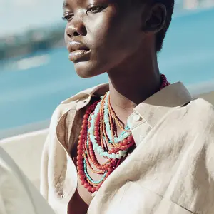 Creative multi layer natural crushed stone colored rice bead necklace, light luxury handmade bead stacking collarbone chain, fashionable and versatile, exquisite accessories, great gift giving