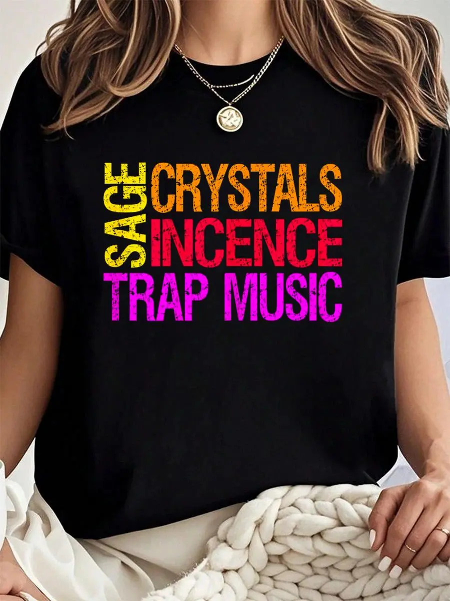 100% cotton Sage Crystals Incense and Trap Music Chakra Color Spiritual T-Shirt Women Graphic T-Shirt Cotton Print short Sleeve Casual Top, Summer Tee Womens Tops