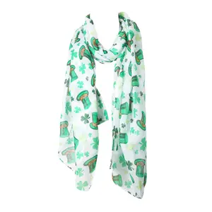 St. Patrick's Day Four Leaf Clover Print Scarf for Women Lightweight Voile Shawl Wrap Irish Green