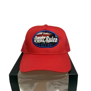 Dadz Rules Red Trucker Hat with Oval Logo and Blue Accents