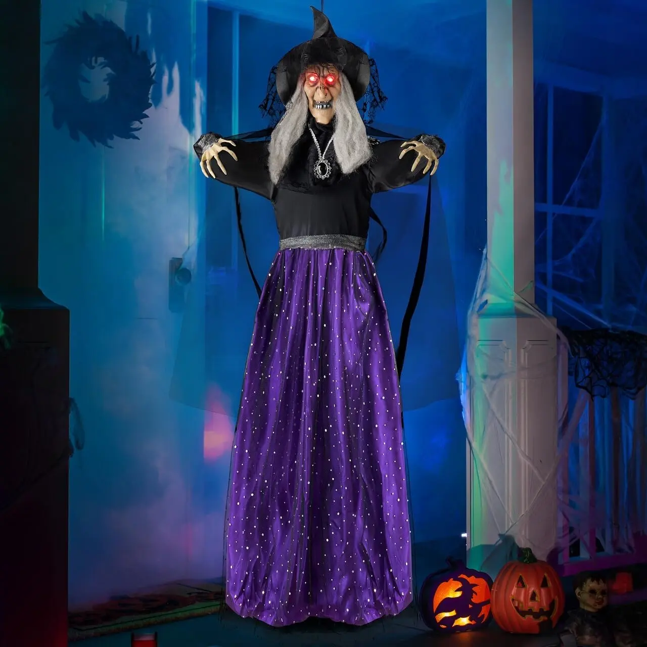 47” Horror Animated Witch Halloween Decoration - Scary Animatronic Hanging Ornament for Indoor-Outdoor Home Decor, Party Lighting Decoration Use