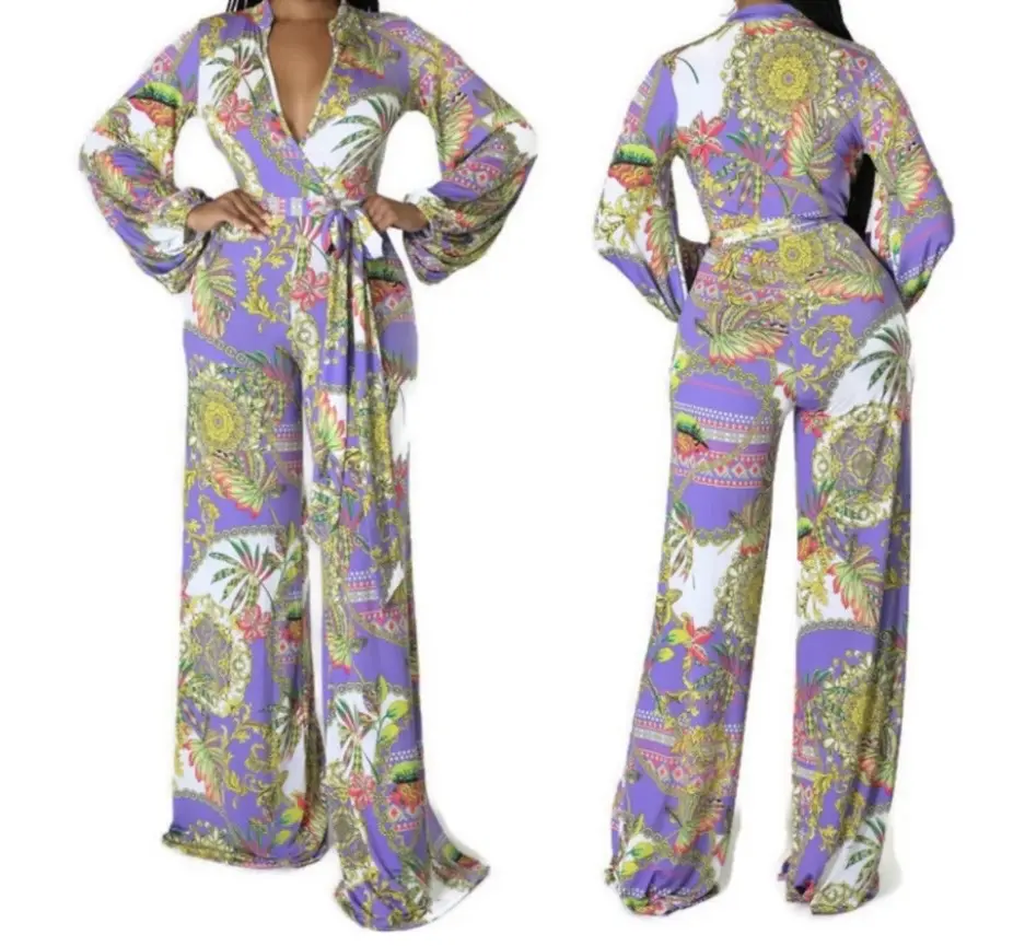 Lavender In Paris Bell Long Sleeve V-neck Bell Bottom Jumpsuit
