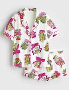 Pickle Lover Satin Pajama Set for Women, Coquette Pink Bow Sleepwear, Funny Holiday Gift