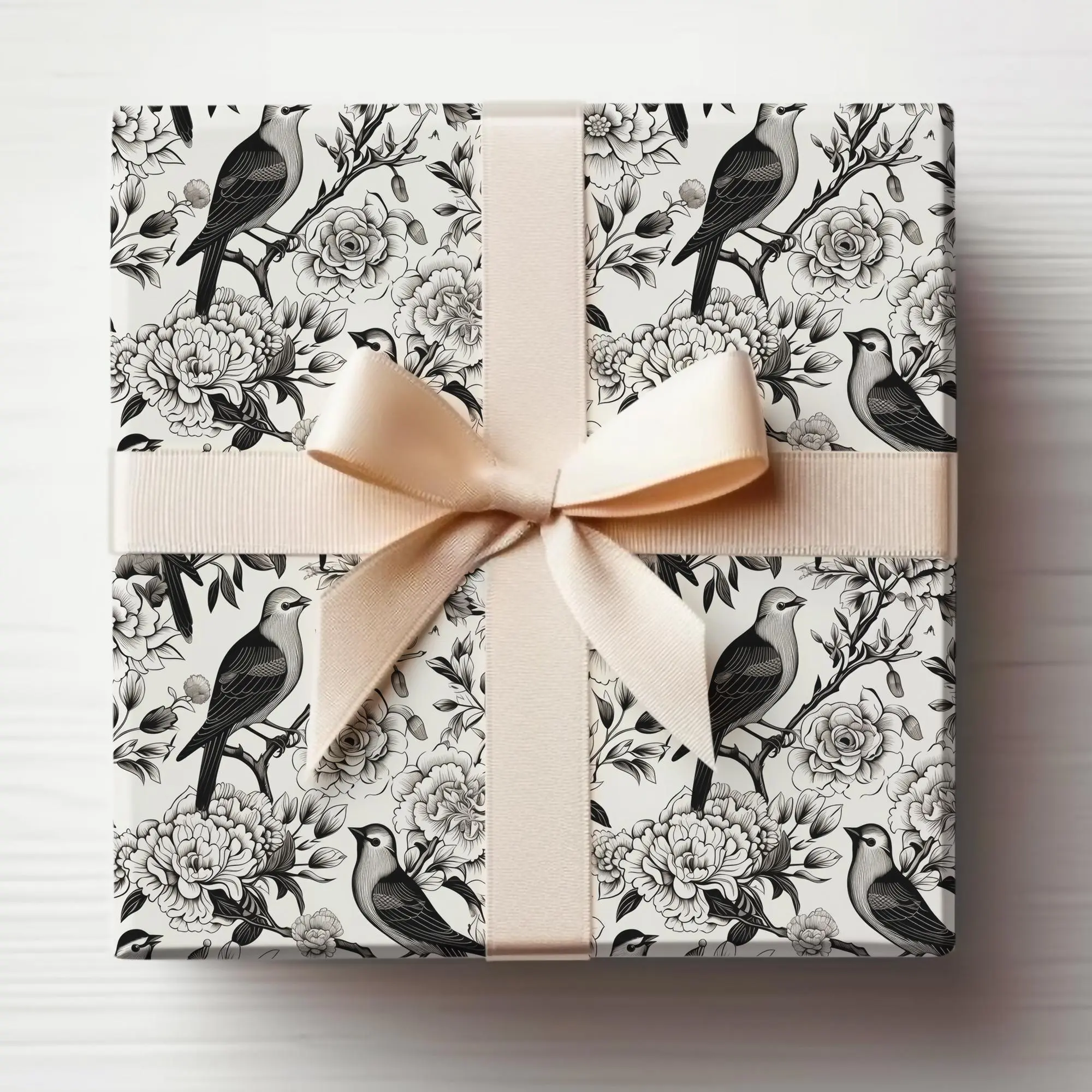 Black Chinoiserie Wrapping Paper With Birds Chinese Flowering Tree Wrapping Paper Birds in Tree Gift Wrap Roll Black and White Victorian
