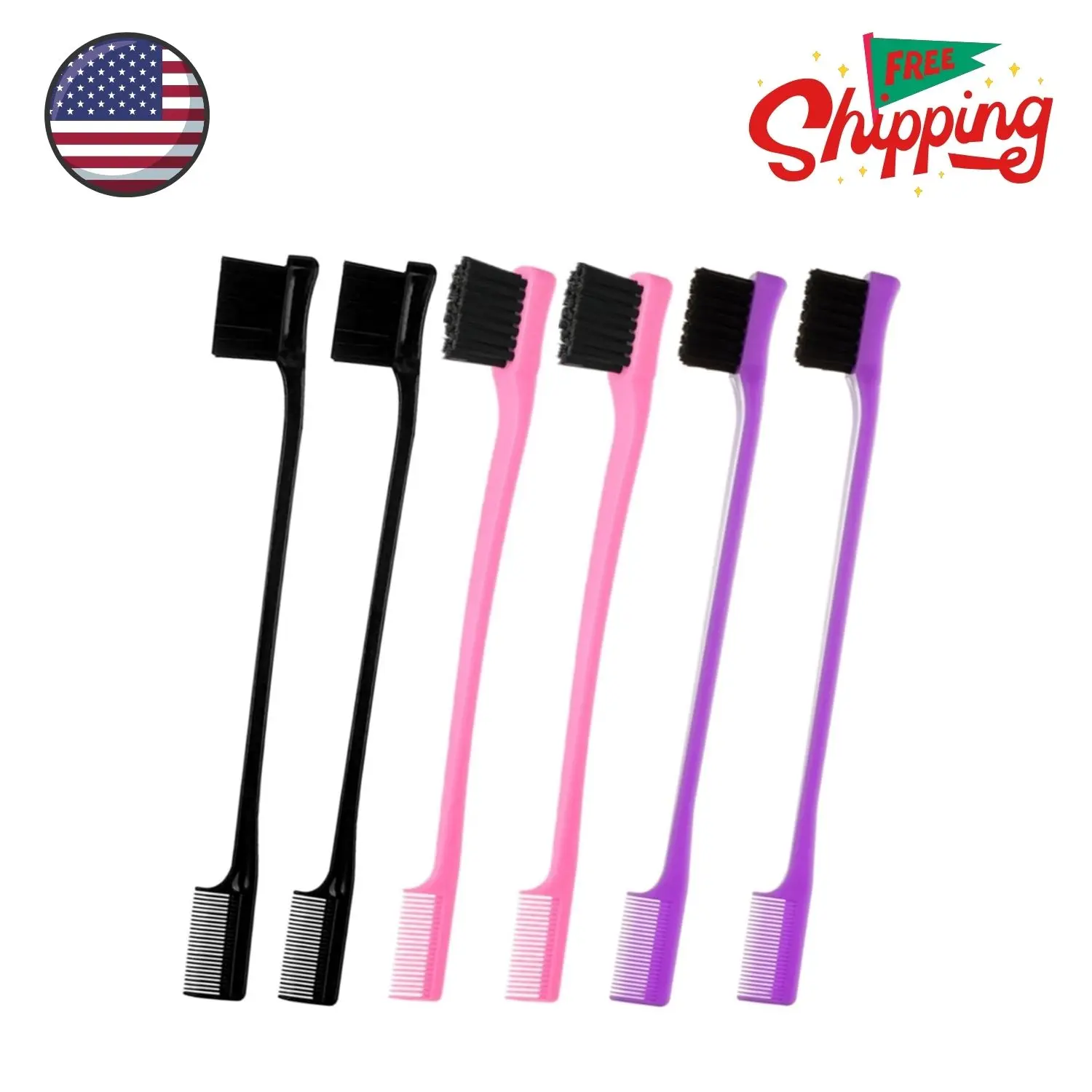 6 Pack Double Sided Edge Control Hair Brush Professional Comb Set, Pink Purple Black