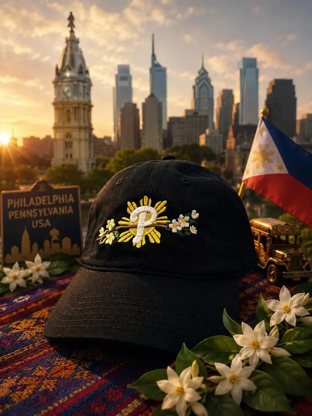 Embroidered Philly Sampaguita Dad Cap | Filipino Pride Floral Baseball Hat