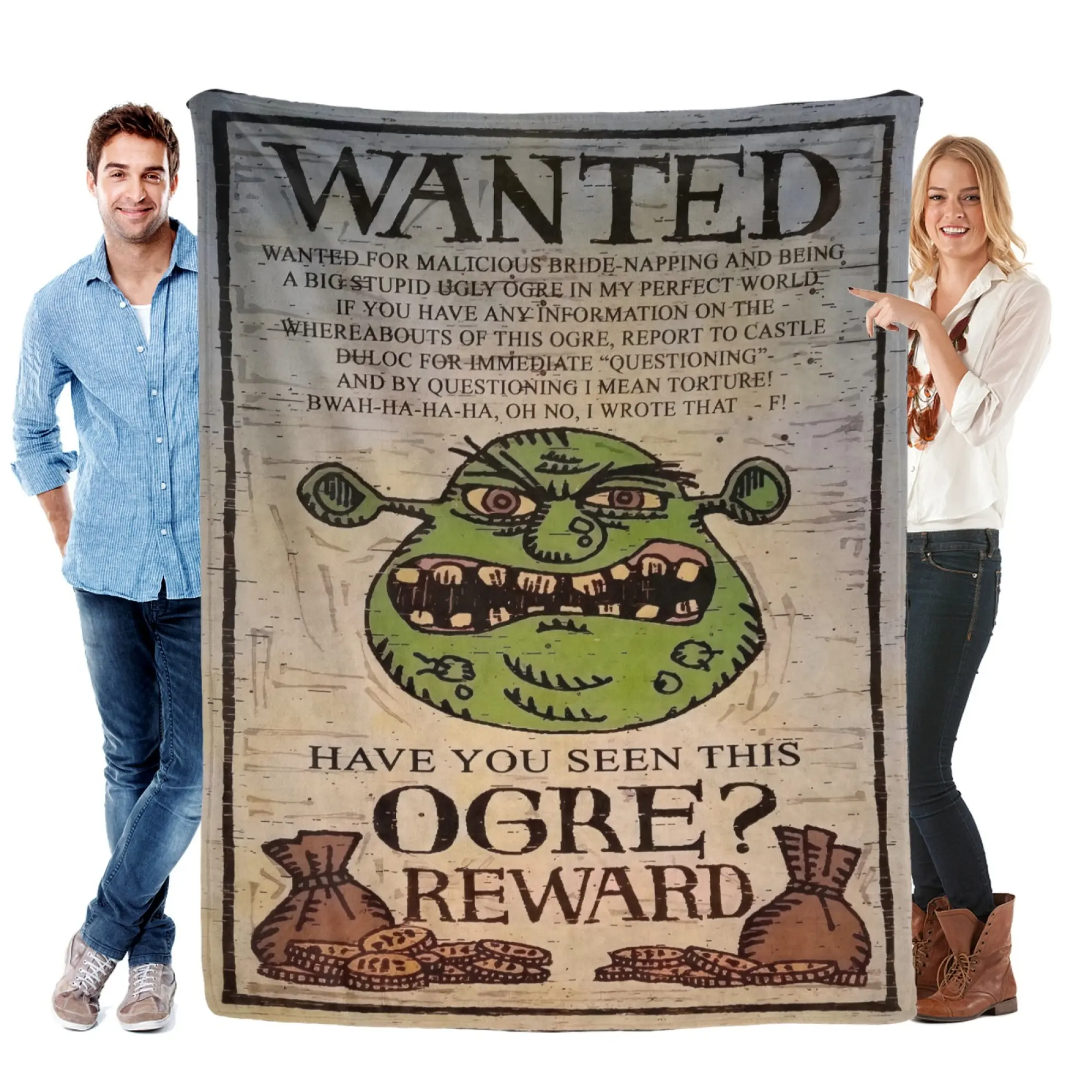 Funny Shrek 'Have You Seen This Ogre' Wanted Poster Throw Blanket, Rustic Meme Print on Soft Flannel for Teen Rooms and Family Sofas, Lightweight Bed Cover for Comedy Movie Nights, Christmas Lounging, Holiday Laughs and Ogre Fans