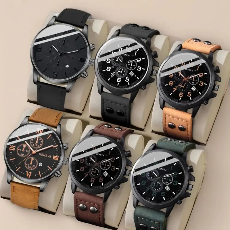 Men's Quartz Watch Set with Roman Numerals Calendar (No Box), PU Leather Strap, Analog Dial, Casual Style, Durable Watch, Perfect Gift for Men, Analog Quartz Watches, Casual Fashion Watch